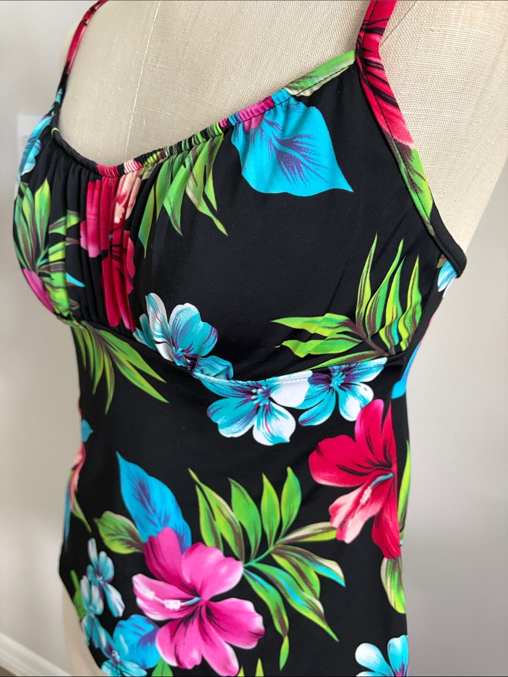 Women’s Black Floral Tankini Top with Bright Hibiscus Print